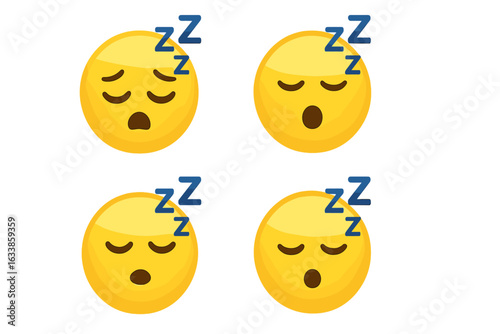Sleeping face emoji set, tired cartoon emoticons, sleep expression icons, snoring yellow smiley face, bed time emotions, digital communication symbols, transparent background vector illustration