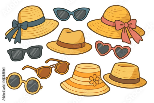 Collection of trendy summer hats and stylish sunglasses vector set. Cartoon fashion accessories including sun hats, fedora, bucket hats, heart and round sunglasses for sunny outdoor leisure concepts.