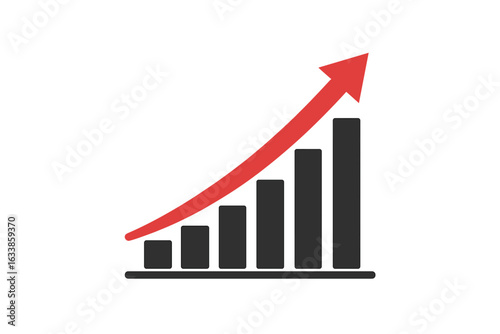 Upward growth chart, red arrow trend, increasing bar graph symbolizing business success, profit boost, investment return, financial growth, sales rise, economic progress, vector illustration