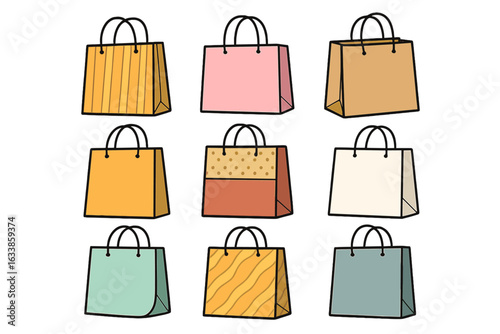 Shopping bag vector set. Cartoon paper shopping bags, gift bags, retail packaging, eco-friendly tote, colorful, empty, reusable, fabric, simple and patterned shopping bag collection illustration.