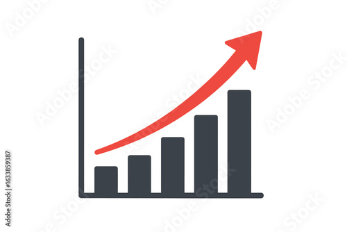 Business growth chart icon with red upward arrow. Financial success, increasing profit, investment boost, positive market trend, economy improvement. Rising column bar, analytics, finance vector.