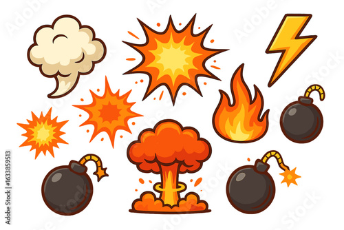 Cartoon explosion icons set. Vector illustration of explosive comic elements: smoke cloud, fire flame, lightning bolt, bomb, nuclear blast, and dynamic burst shapes for action or game design