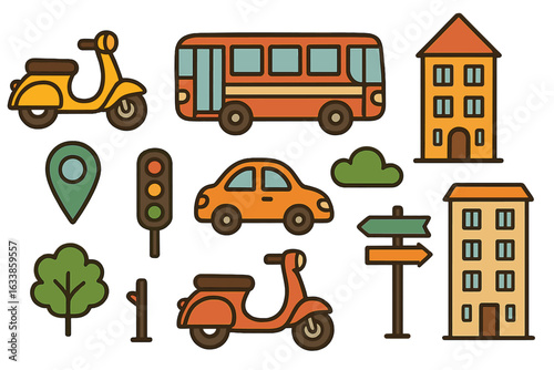 Playful vector illustrations of city transportation and urban life with scooters, buses, cars, street signs, traffic lights, trees, buildings, location marker, cartoon style, vibrant design