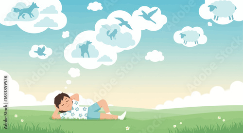 Boy Dreaming Of Flying Animals Lying Down On Green Field During Daytime