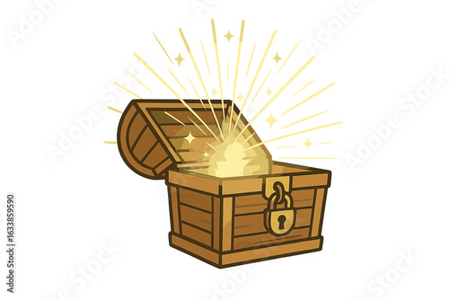 Treasure chest bursting with golden light. Glowing open wood box. Vector illustration of magical container. Sparkling gold, wealth, luck, fortune, riches, reward, shiny loot, fantasy symbolism