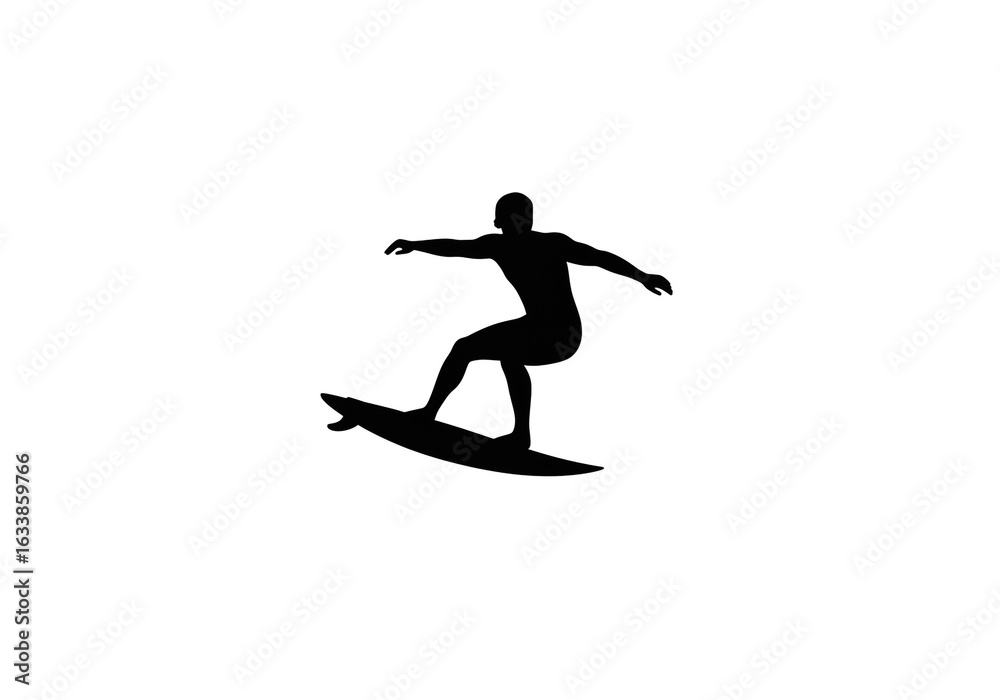 Fototapeta premium Silhouette illustration of a surfer riding a surfboard on a white isolated background