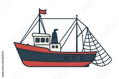 Commercial fishing trawler illustration. Cartoon style trawling boat with fishing net. Seafood industry ship, maritime vessel. Ocean trawler. Nautical transport, fleet. Fishing equipment design