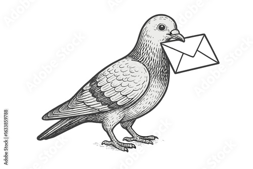 Carrier pigeon delivering mail, hand-drawn vintage sketch, messenger bird with envelope, communication symbol, retro style, black and white isolated vector illustration concept