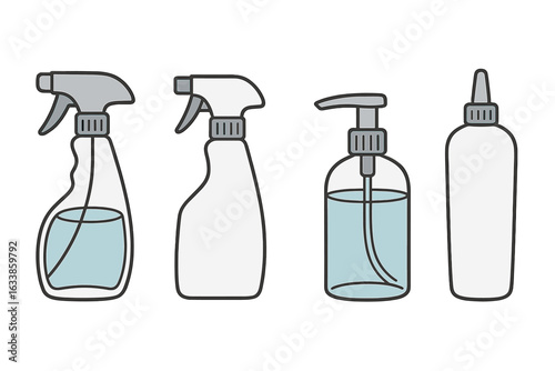 Vector illustration set of empty and filled spray bottles, pump dispenser, and squeeze bottle for liquid, cleaning, cosmetics, sanitizer, or chemical products. Cartoon style on transparent background.