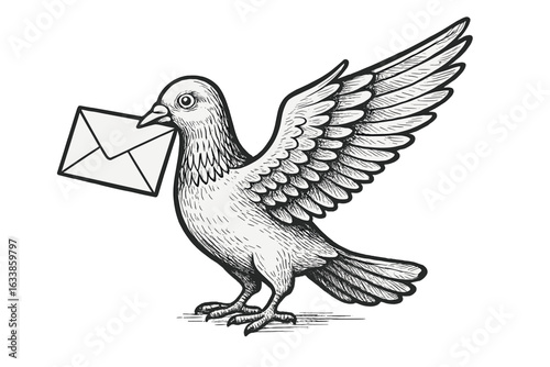 Hand-drawn homing pigeon delivering mail. Vintage carrier pigeon with envelope illustration. Letter delivery bird icon. Retro messenger pigeon sketch. Communication, message, mail service concept.