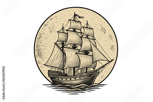 Vintage sailing ship illustration, old galleon with sails, nautical marine adventure, retro tall ship drawing, hand drawn woodcut, moon background, sea voyage, maritime exploration art