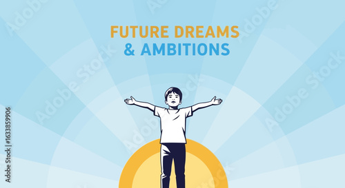 Boy With Open Arms Symbolizing Future Dreams and Ambitions in Graphic Style