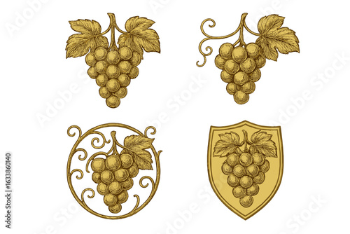 Elegant vintage golden grapevine emblems set, luxury wine label motifs, retro ornate grape cluster badges, classic winery branding, vector set, isolated on transparent background