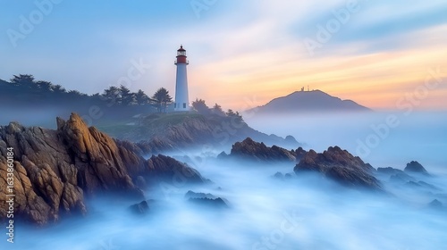 Serene Mystical Pacific Coastline at Dawn with Crescent Moon and Towering Seaside Beacons