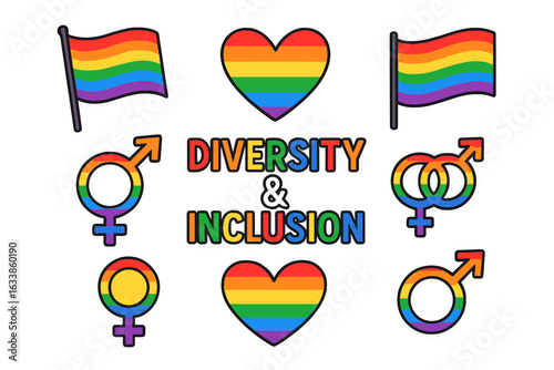 Diversity and Inclusion Symbols with Rainbow Flags, Hearts, Gender Icons, LGBTQ Pride Vector Set, Colorful Equality Representation, Social Justice, Gender Identity, Love and Acceptance Illustration