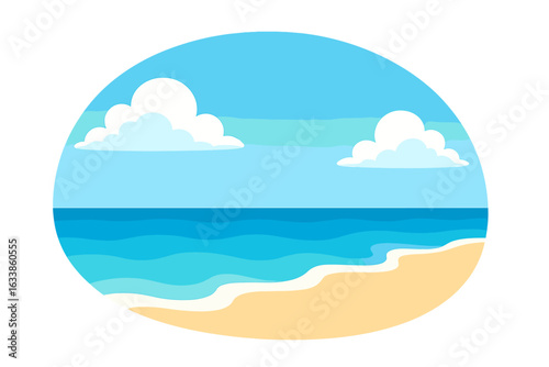 Tropical beach landscape panorama vector illustration, sunny seascape with blue ocean waves, sandy shore, bright sky, fluffy clouds, summer holiday background, tranquil nature concept, coastal view