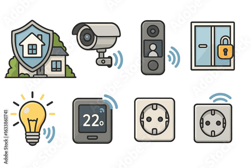 Smart Home Security and Energy Management Icons Set. Wireless Devices for Home Automation, CCTV, Video Doorbell, Window Lock, LED Light, Thermostat, Smart Power Outlet. Modern Vector Illustration