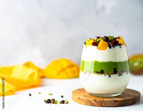 Vietnamese che ba mau (three-color dessert) with crushed ice and coconut milk in glass