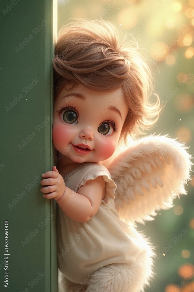 Fototapeta premium Cherubic Doll with Serene Expression and Light Feathery Wings Against Teal Background