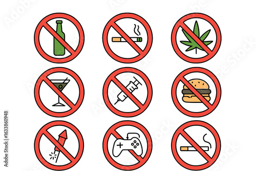 Set of prohibition symbols vector illustration. No alcohol, smoking, marijuana, unhealthy food, drugs, fireworks, video games. Addiction warning and restriction signs. Modern cartoon icons.