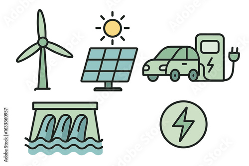 Renewable Energy Icons Set. Wind Turbine, Solar Panel, Hydroelectric Dam, Electric Vehicle Charging Station, Sustainable Power, Clean Energy, Green Technology, Eco-Friendly Vector Illustration