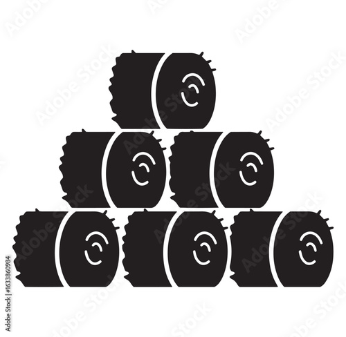 Black and white illustration of stacked hay bales representing agriculture and farming