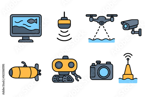 Marine Technology Equipment Icons Set. Vector Illustrations of Underwater Monitoring, Marine Robotics, Ocean Exploration Drones, Subsea Cameras, Sonar Buoys, Environmental Observation Systems