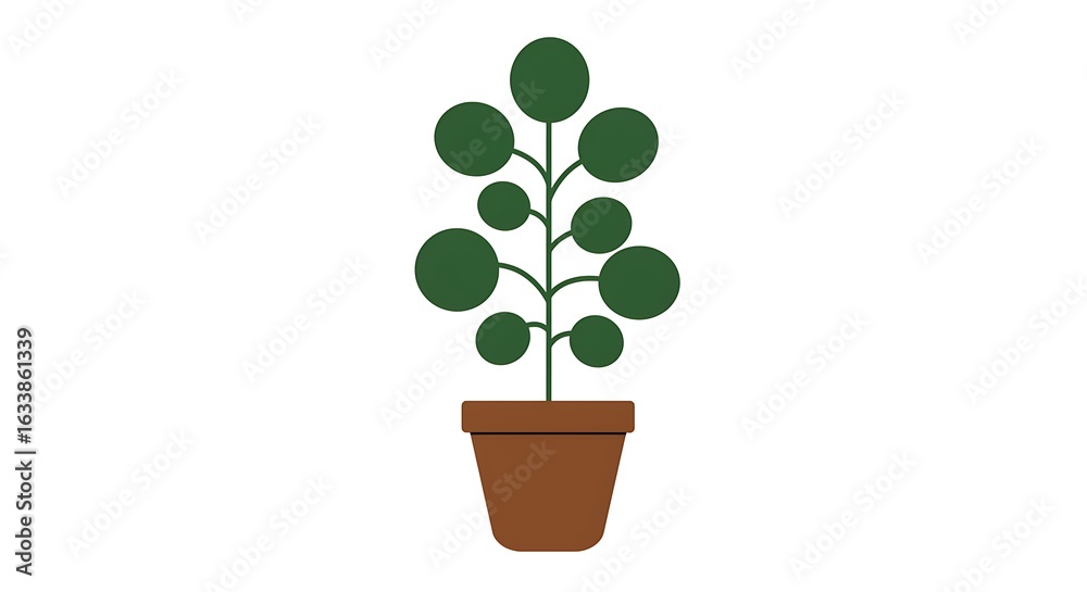Obraz premium Minimalist flat vector illustration of a green houseplant with round leaves in a brown pot, symbolizing growth, nature, and simplicity