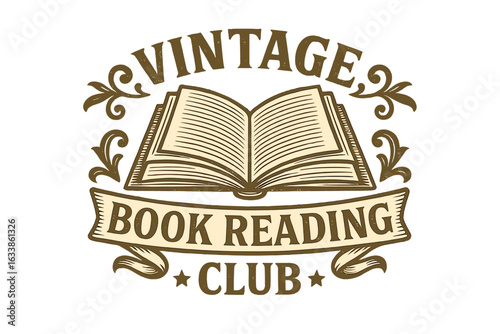Vintage book club emblem, retro reading club logo, classic open book illustration, ornate scroll design, antique style vector, golden colors, literature society insignia, transparent background