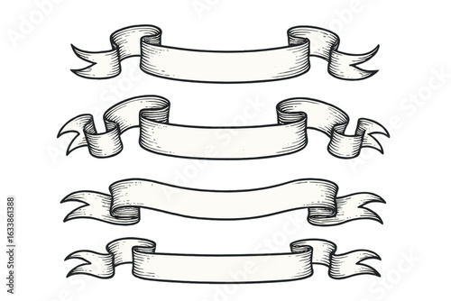 Vintage hand drawn ribbon banners set, blank scroll banner illustration, curved horizontal retro ribbons, classic engraved sketch style divider, decorative label frame, vector isolated on white