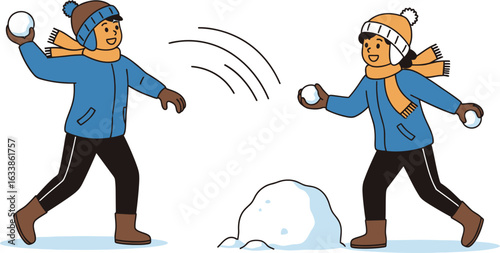 Two children having a snowball fight in the snow silhouette