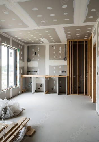 Interior construction showcasing drywall installation and framing details in a residential space