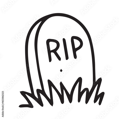 Minimalist vector of a gravestone marked with "RIP", drawn in black and white with bold black outline for a clean, somber visual.

