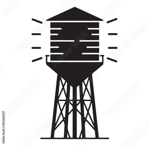 Black and white water tower icon depicting city infrastructure and community water supply