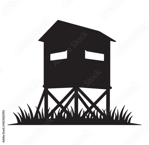 Black silhouette illustration of a hunting blind or elevated deer stand on grass
