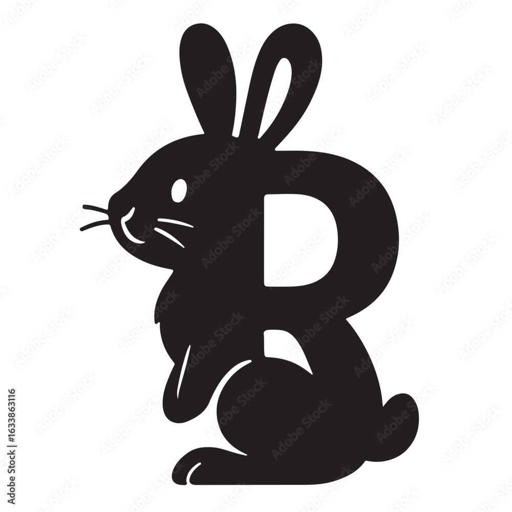 Obraz premium A silhouette of a rabbit with ears shaped into the letter R, cartoon style, black vector
