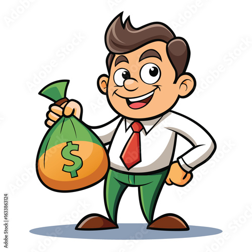 A cartoon man holding a money bag with a greedy expression, representing wealth, finance, and the concept of money.