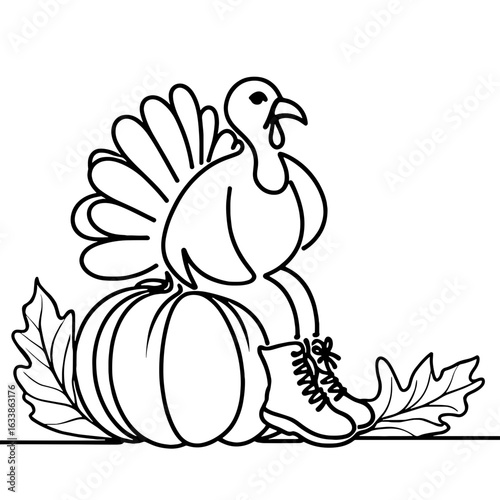 Thanksgiving humorous turkey in boots with pumpkin outline drawing, vector, black line drawing, minimalistic, single line, simple line, isolated, transparent background 