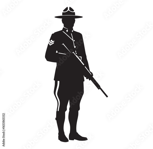 Black silhouette of a soldier in uniform holding a rifle on a white background