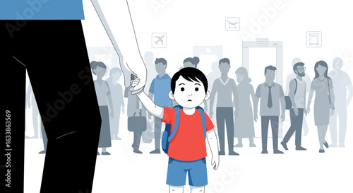 A Child's First Flight Airport Experience Holding Parent's Hand in Crowd