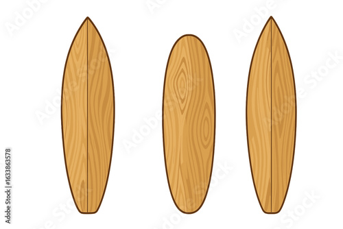 Wooden Surfboard Set Vector Illustration with Natural Texture, Surf Board Shape Variety, Transparent Background, Water Sports Equipment Collection, Vintage Surf Design Elements