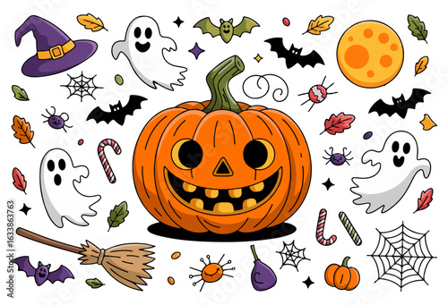 colorful halloween doodles collection, pumpkins, ghosts, bats, moon, witch hat, haunted house, candy, skulls, black cat, playful flat vector illustration