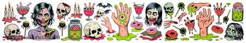 Massive creepy halloween illustration set, toxic green and blood red horror clipart
