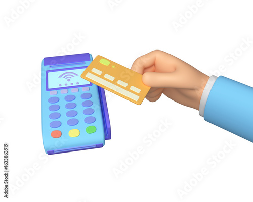 Payment terminal. POS terminal for payment by bank card. Contactless payment by card. 3d rendering.