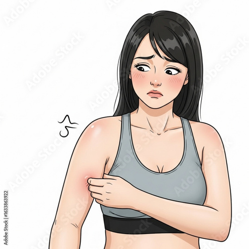 Vector art of cartoon woman with armpit irritation isolated on white background