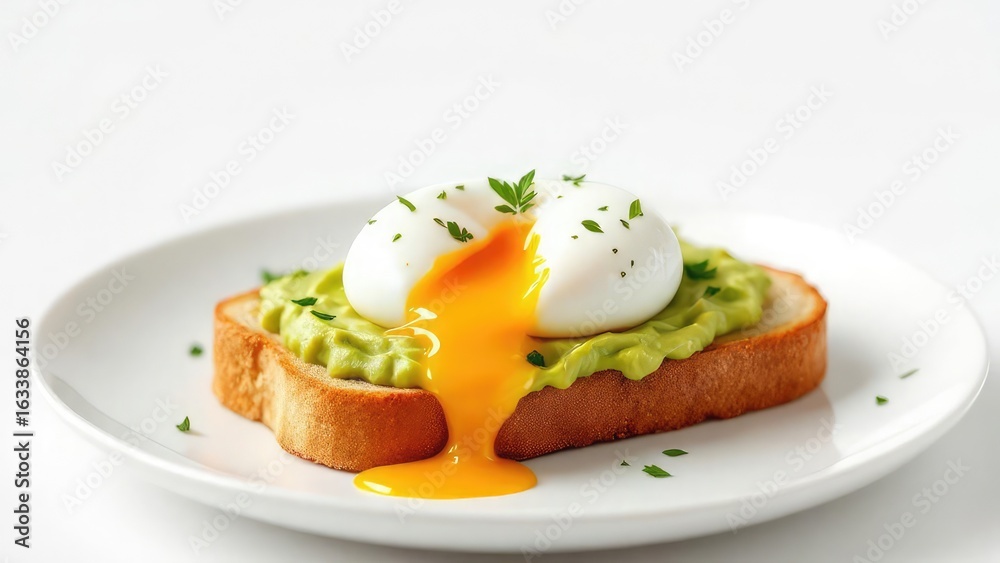 A poached egg on avocado toast with parsley garnish on a white plate against a white background A poached egg on avocado toast with parsley garnish on a white plate against a white background