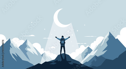 Achieving Mountain Peak Success With Open Arms Under The Crescent Moon