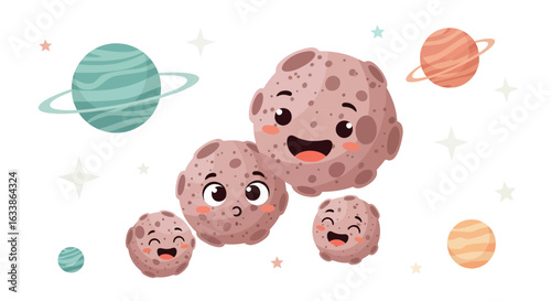 Adorable Asteroid Family Floating Among Colorful Planets In A Space Adventure