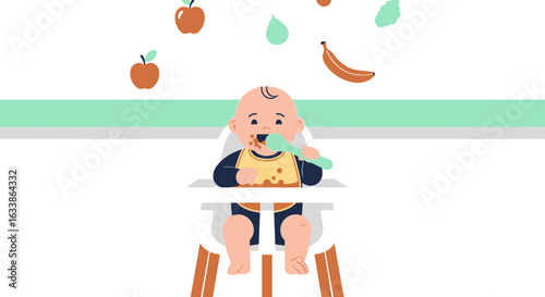 Adorable Baby Eating First Foods Sitting in a High Chair with Fruits