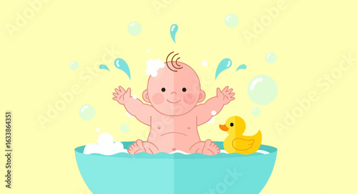Adorable Baby Enjoying Bath Time With Bubbles And A Rubber Duck
